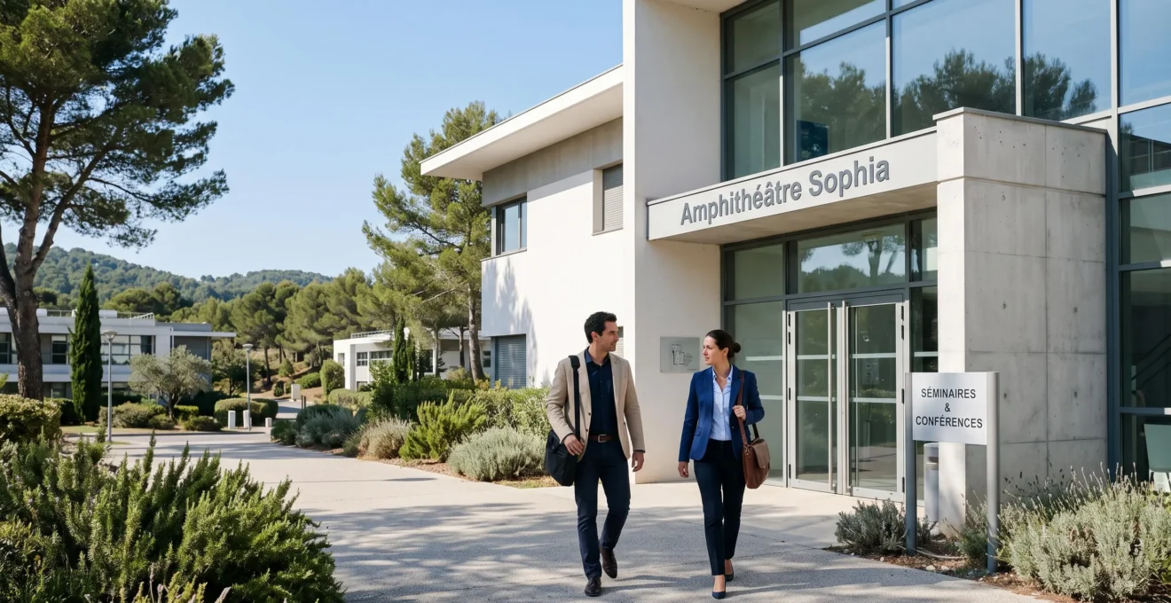 Centre de conférences moderne dans le parc technologique de Sophia Antipolis avec professionnels arrivant pour un séminaire