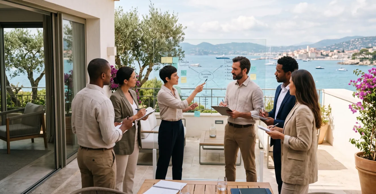 Groupe de professionnels en session de travail collaborative sur une terrasse de séminaire avec vue méditerranéenne sur la Côte d'Azur