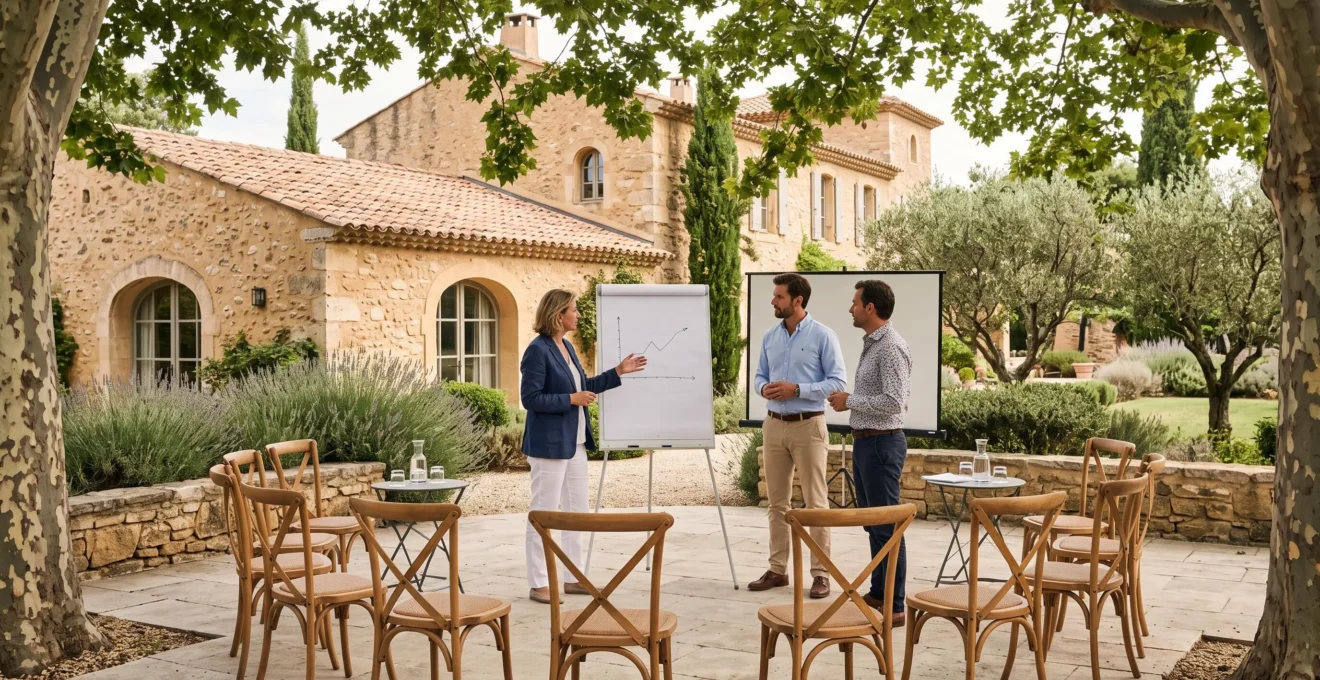 Espace de séminaire extérieur aménagé dans le jardin d'une bastide provençale de prestige sur la Côte d'Azur