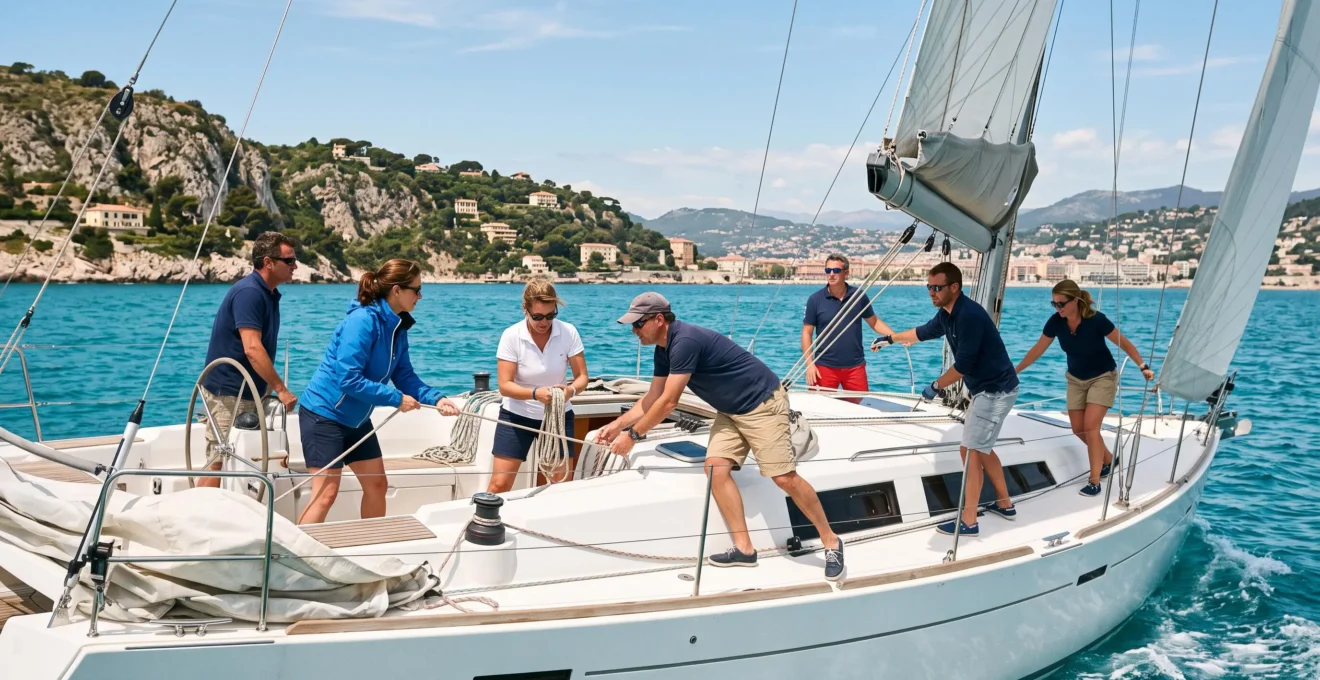 Équipe de professionnels participant à une activité de team building voile sur la Méditerranée lors d'un séminaire Côte d'Azur